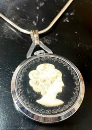 Vtg Lucerne Swiss Made Pocket Watch Necklace W/ Blk  & White Cameo And Sterling Silver Chain