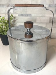 Mid Century Modern Chrome Ice Bucket With Walnut Handle And Topper