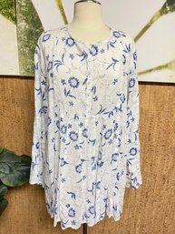 100% Lovely Linen Tunic With Blue Floral Womens XL