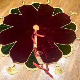 Best Ever Christmas Tree Skirt With Burgundy & Green Velvet, Gold Tassels & Red Satin Backing