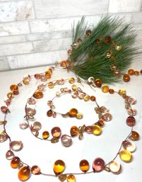 Blingy Garland Lot # 7:Lovely Amber, Pink  &  Gold  Baubles With Gold Seed Bead Leaves,