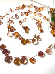 Blingy Garland Lot # 6: Lovely Amber, Pink & Gold Baubles With Gold Seed Bead Leaves, 3 Strands