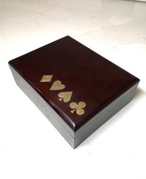 Sweet Vintage Card Box With Inlaid Brass Suits & 2 Decks Of Cards (Bakelite/Celluloid?)