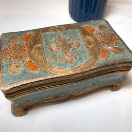 Vintage Ruege Italian Florentine Jewelry Box, Gilded With Blues/greens And Pink