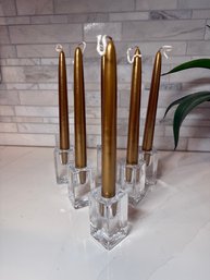 Tis The Season- Antique Gold Taper Candles With Square Cut Glass Bases Set Of 6