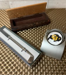 Stocking Stuffer Lot # 1.  Golf Pen, CU Swivel Disc Clock And Artisan 2 Toned Wood Box