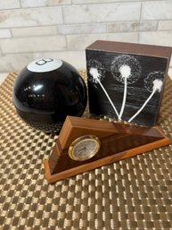 Stocking Stuffer Lot # 2- Magic 8 Ball, Schiabaugh Triangle Clock And 4 In Square Art Piece.