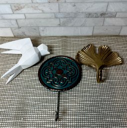 Stocking Stuffer Lot #3. Brass Ginko Hook, Porcelain Bird/ Wall Hanging &patina Medallion Hook