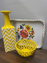 Tabletop Trio: Wicker Tray, Bright Yellow Woven Ceramic Bowl And Zig Zag Vase