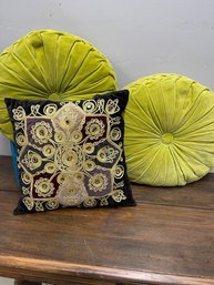 Throw Pillow Trio: Velvet Pintuck Rounds &  Ornately Stitched Chocolate Brown W/ Sequins/mirrors