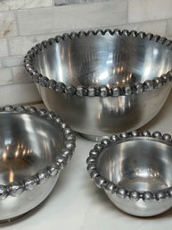 Lovely Set Of 3 Silver/Pewter Serving Bowls.  Beaded Rim/Nesting Bowl
