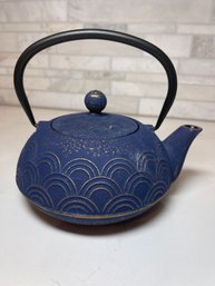 Beautiful Cast Iron Teapot, Indigo Blue With Gold Accents