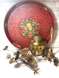 Vintage Red Metal Tray With Brass Bell, Lidded Urn And Flower Sculptures