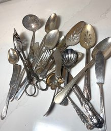 Assorted Lot Of Vintage Antique Silverware And Serving Pieces, Tongs, Spoons, Butter Knives Etc.