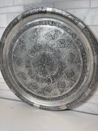 Vtg Silver Etched And Carved Medallion Tray, Heavy, Solid, And Stunning