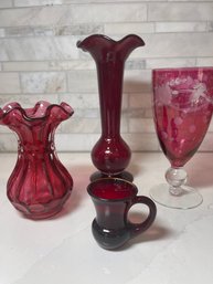 Table Top Quad, Cranberry Glass Asst.  Mini Vase, Two Ruffled Edge Vases, And An Etched Goblet