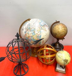Globes, Staved Wood Sphere W An Armillary. 5 Piece Decor