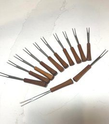 Mid Century Modern Teak Handled Cocktail Forks.  Set Of 12