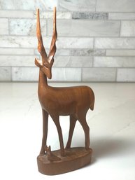 Mid Century Modern Hand Carved Wooden Antelope Deer With Baby.  10.25 High X 4 Wide.