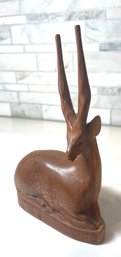 Mid Century Modern Hand Carved Wooden  Resting Antelope Deer.   8  High X 5.25 Wide.