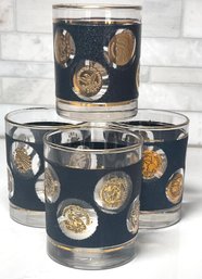 Mid Century Modern Gold Coin Whiskey Glasses, 1960's, Low Ball, Set Of 4