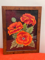 Amazing Original Painting In Great Rustic Wood Frame Vibrant Red Poppies.