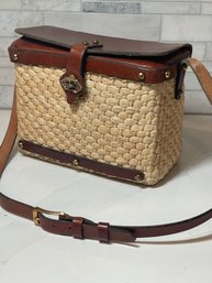 Vintage John Romain Genuine Leather And Woven Straw Handbag/purse