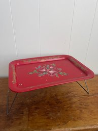 Classic Hand Painted Metal Breakfast Tray.  Lovely Red Floral Motif.  Fold Up For Easy Storage