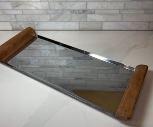 Danish Modern Mirrored Serving Tray, Wood Handles And Feet