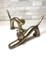Mid Century Modern Brass Cat Figurines, Stretching And Arching
