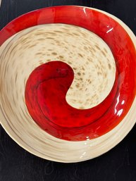 Organic Italian Pearl White Glass Plater / Bowl With Swirled Red Murrine