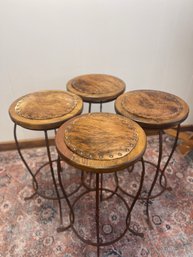 Rustic Wrought Iron And Wood W/ Cowhide Barstools,  Swivel, Heavy, 31 High 16 Diameter