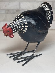 Hand Carved Pecking Chicken/rooster, Blk And White With Iron Legs.