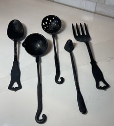 Primitive Cast Iron Cooking Utensils. 10-11 Inches Long. Set Of 4