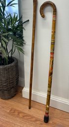 2 Canes, One Carved Story Cane( Mexico/aztec) And One Caned Cane