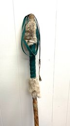 Large Live Edge Walking Stick With Suede Wrapping, Rabbit Fur And Pewter Token 55 Inches Tall