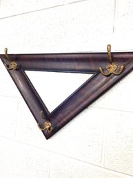 Vintage Wood Framed Triangle Mirror With Brass Hooks.  19 X 19 X 27