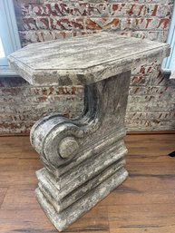 Cement Looking Side Table,  Ornately Shaped And Heavy,   21 Deep X 16 Wide X 32 High