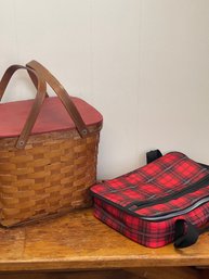 Red Topped Woven Staved Wood Picnic Basket With Plaid Casserole Carrier W/ Handles