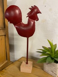 21 Inch Rojo Red Metal Chicken With Heavy Stone Base