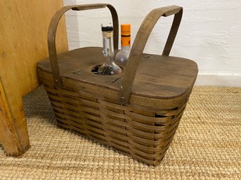 Rare Antique Oak Woven Split Picnic Basket With Bottle Holes