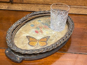 Antique Wicker And Glass Milkwood And Butterfly Tray With Crystal Water Glass