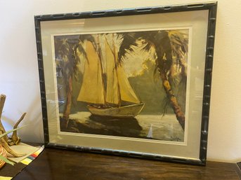 Large Pawla Boat Print Matted Under Glass With Bamboo Style Frame 36x30