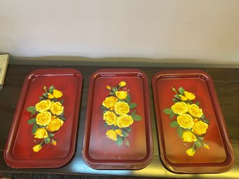 Set Of Three Bright Rose Printed Red Trays 9x14