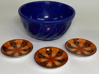 Vintage Stoneware Blue Bowl And Three Tillowitz Little Saucers Bowl Has Crack But Does Not Detract