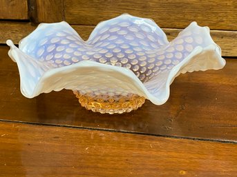 Beautiful Hobnail Pink And Opaque White Ruffle Glass Bowl 9.5 Inches