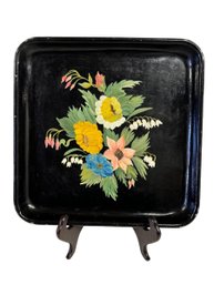 Vintage Toleware Black Hand Painted Tin Serving Tray #1