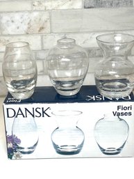Dansk Fiori Vases, Clear Set Of 3 New In Box.