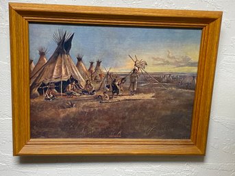 Native American Vintage Print Of Life On The Plains With Old Wooden Frame 11x16 Inches