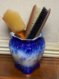 Vintage Blue Flow Vase With His And Hers Vanity Brushes And Vintage Celluloid Womans Hair Brush